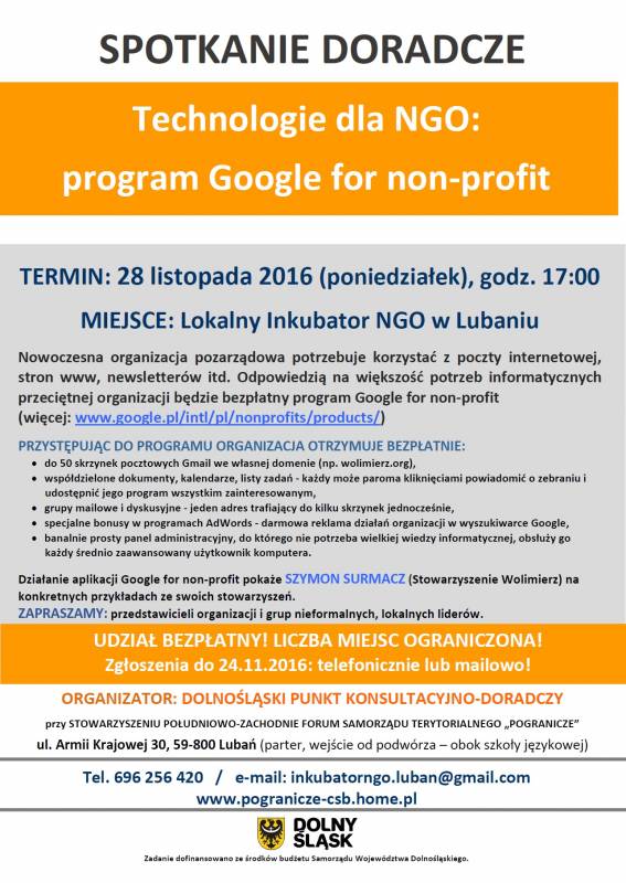 BEZPŁATNE DORADZTWO dla NGO - LISTOPAD 2016 / Lubań