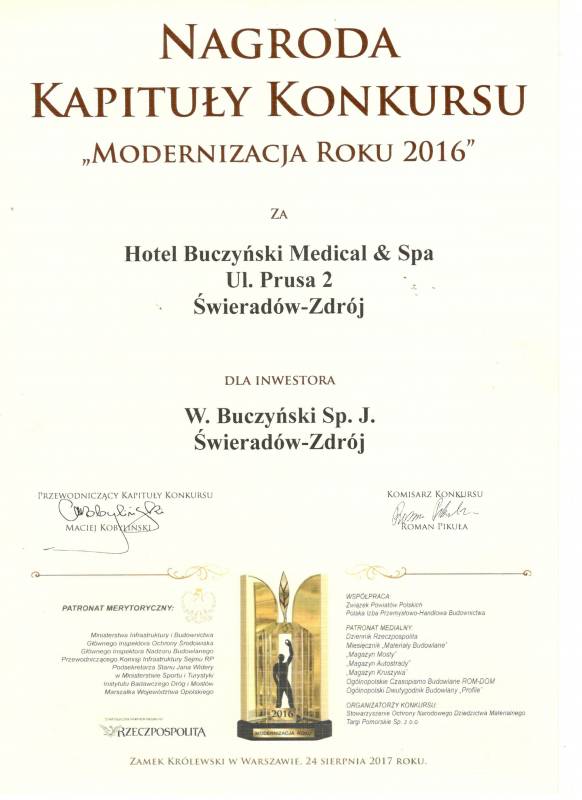 Nagroda Kapituły Ogólnopolskiego Konkursu Modernizacji Roku 2016 dla Hotelu Buczyński ****