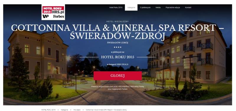 Hotel Cottonina Villa & Mineral SPA Resort   nominowany w plebiscycie na HOTEL ROKU 2015 