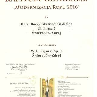 Nagroda Kapituły Ogólnopolskiego Konkursu Modernizacji Roku 2016  dla Hotelu Buczyński ****