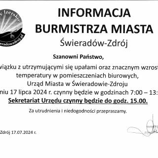 INFORMACJA O FUNKCJONOWANIU URZĘDU W DN. 17.07.2024