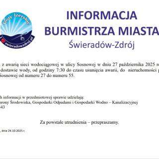 PRZERWA W DOSTAWIE WODY W DN. 27.10.2025 - UL. SOSNOWA NR OD 27 DO 55>