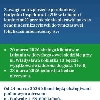 ZMIANY W FUNKCJONOWANIU INSPEKTORATU ZUS W LUBANIU - WAŻNE INFORMACJE DLA MIESZKAŃCÓW>