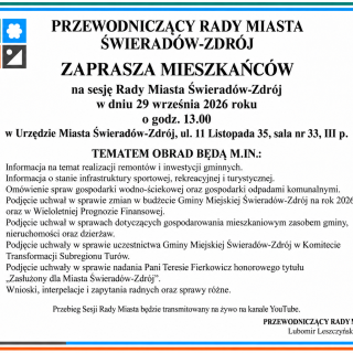 ZAPRASZAMY NA SESJĘ RADY MIASTA ŚWIERADÓW-ZDRÓJ.